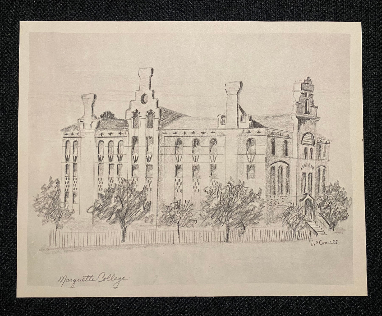 J. O'Connell Signed Drawing Of Marquette College